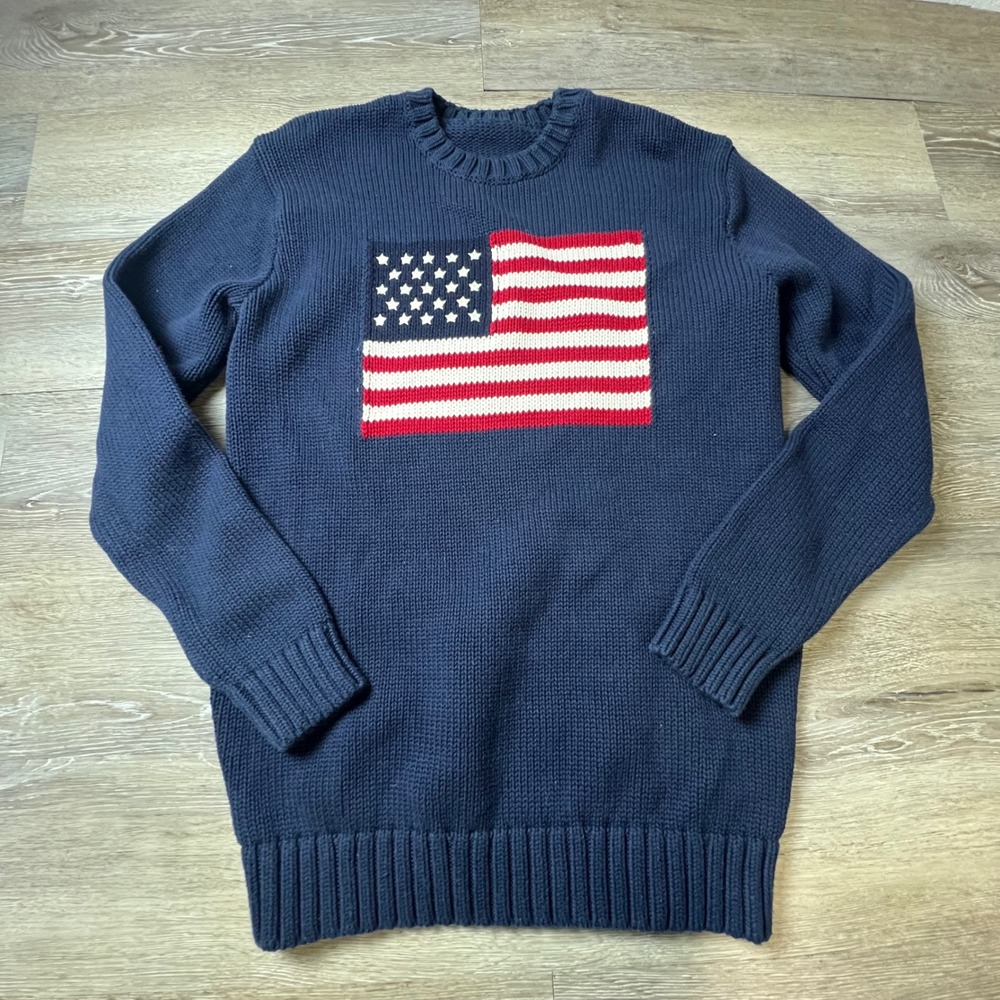 Brandy Melville Sweater Mens XS Navy Blue American Flag Knit Pullover MNJ225